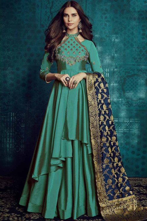 Two Tone Taffeta Silk Anarkali Suit In Persian green color 