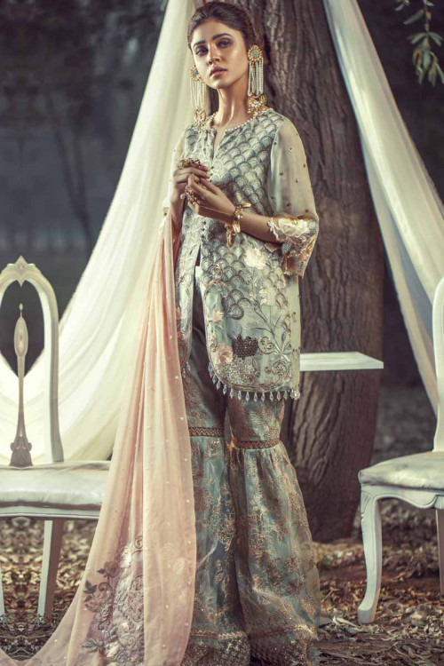 Baby Blue Chiffon Embroidered Sharara Suit