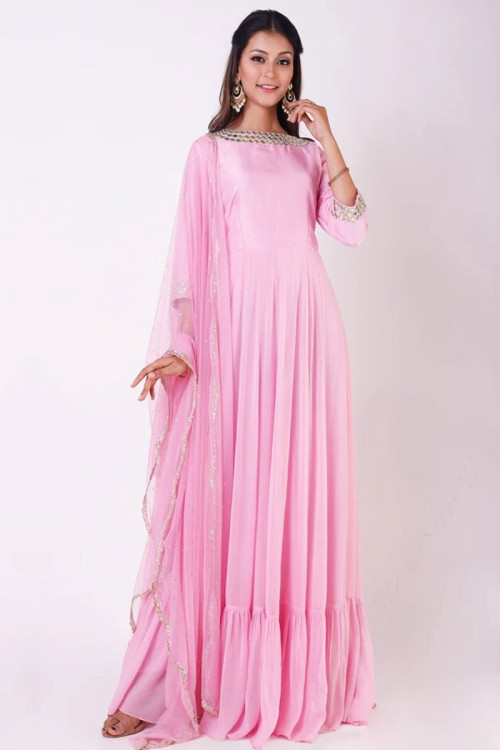 Baby Pink Crepe Anarkali Suit With Mirror Work