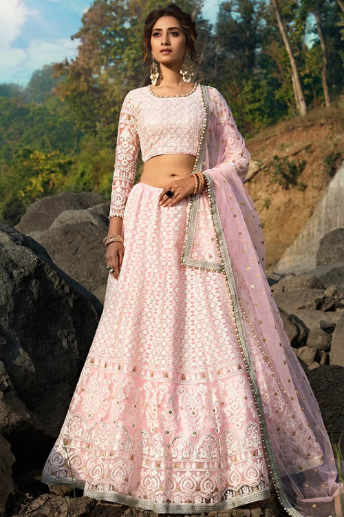 Green Ladies Pastel Lehenga Choli Net With Silk Lining, Embroidery Work,  Semi-stitched, 3/4th Sleeves at Best Price in Surat | Jms Studio