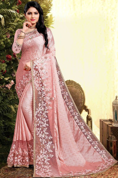 Baby Pink Satin Silk Wedding Saree With Silk Blouse