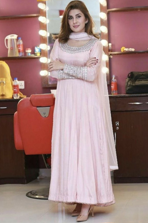 Baby Pink Soft Silk Eid Anarkali Suit With Mirror Work