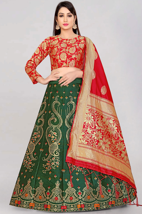 Banarasi Silk Bottle Green Woven Zari Lehenga