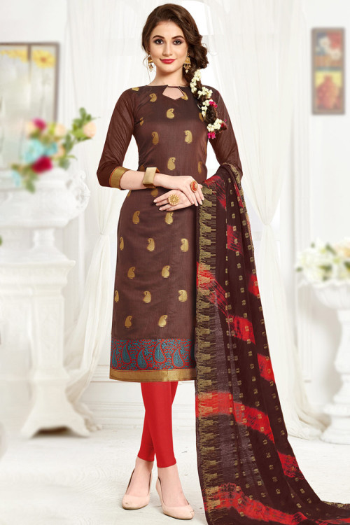Woven Zari Banarasi Silk Dark Brown Legging Suit