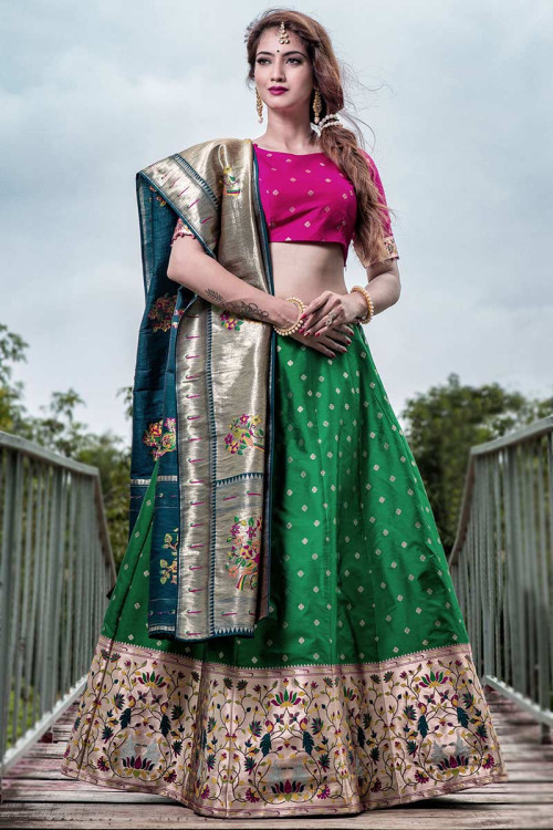 Green Banarasi Silk Designer Lehenga with Maroon Dupatta and Golden Za –  Glamatyou Fashion