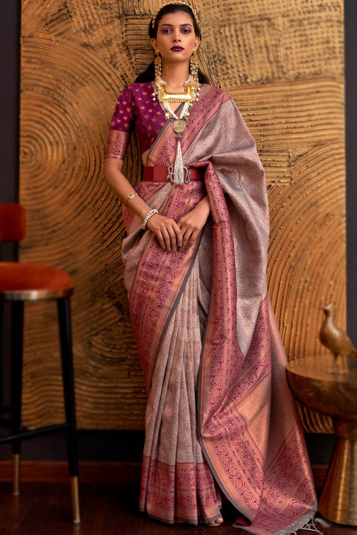 Banarasi Silk Mauve Brown Woven Zari Broad Border Saree