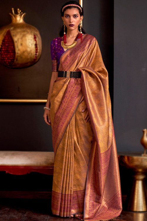 Banarasi Silk Mauve Woven Zari Broad Border Saree