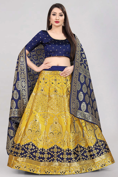  Banarasi Silk Mustard Yellow Lehenga