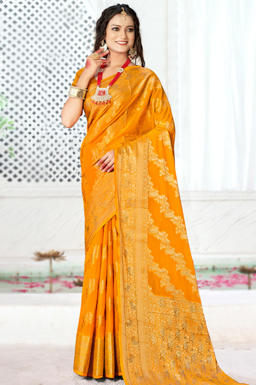 Banarasi Silk Mustard Yellow Weaved Zari Saree For Haldi