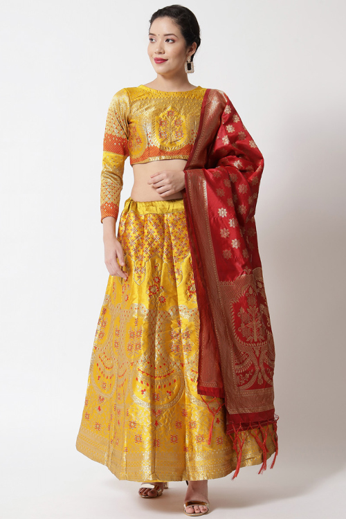 Banarasi Silk Mustard Yellow Woven Zari Traditional Lehenga