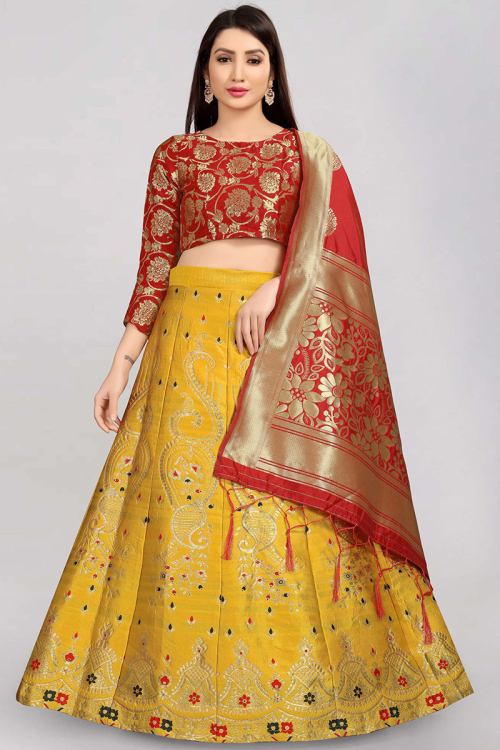 Banarasi Silk Mustard Yellow Woven Zari Floor Length Lehenga