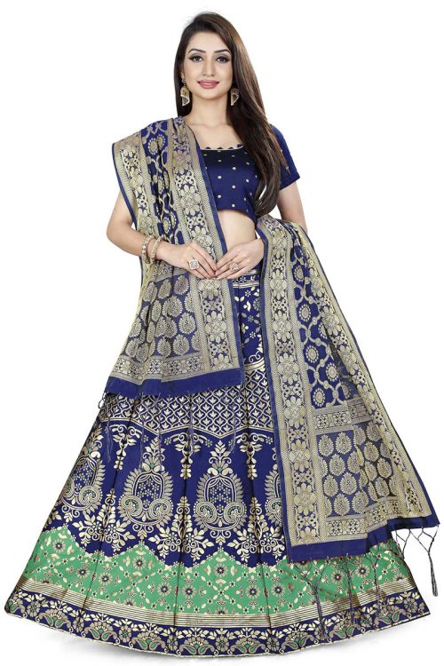 Lehenga for Party Wear in Banarasi Silk Navy Blue with Zari Work