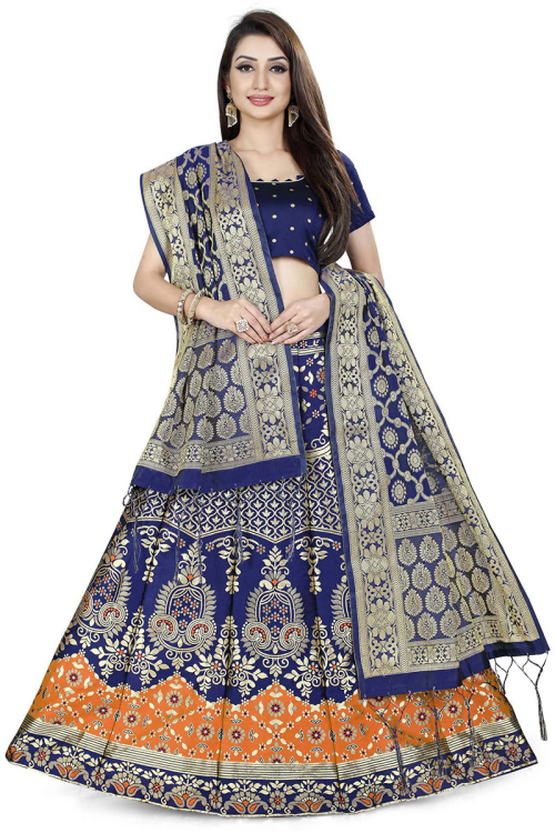 Party Wear Weaved Thread Work Navy Blue Lehenga in Banarasi Silk