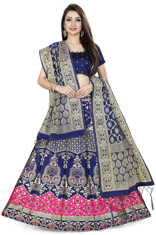 Navy Blue Banarasi Silk Traditional Lehenga with Zari Work