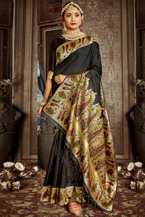 Black Embroidered Boat Neck Blouse N Modal Saree Festive Wear