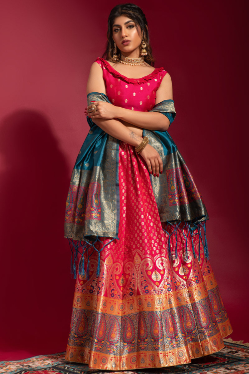 Ruby Pink Sangeet Weaved Thread Work Lehenga in Banarasi Silk