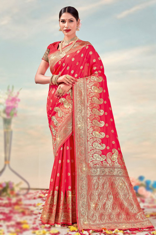 banarasi silk ruby red zari weaved broad border saree sarv156309 1