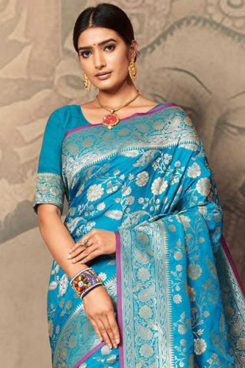 Buy Banarasi Silk Saree In Deep Sky Blue Color Online - SARV07174 ...