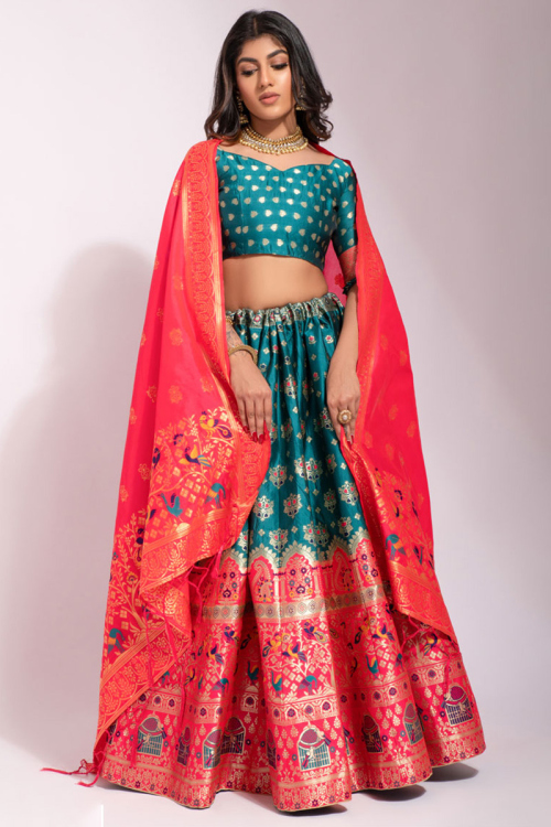 Banarasi Silk Teal Blue Woven Lehenga