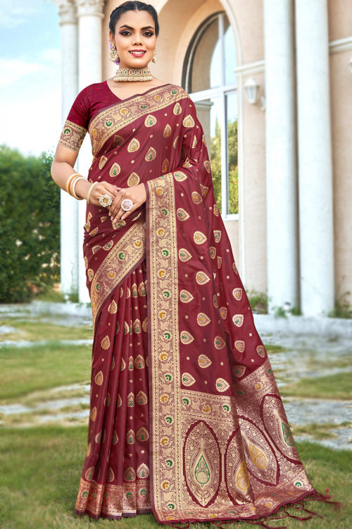 Sequinned Art Silk Saree in Peach and Maroon Ombre : SPF1825