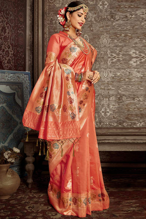 Banarasi Silk Wedding Wear Saree In Dusty Orange Color