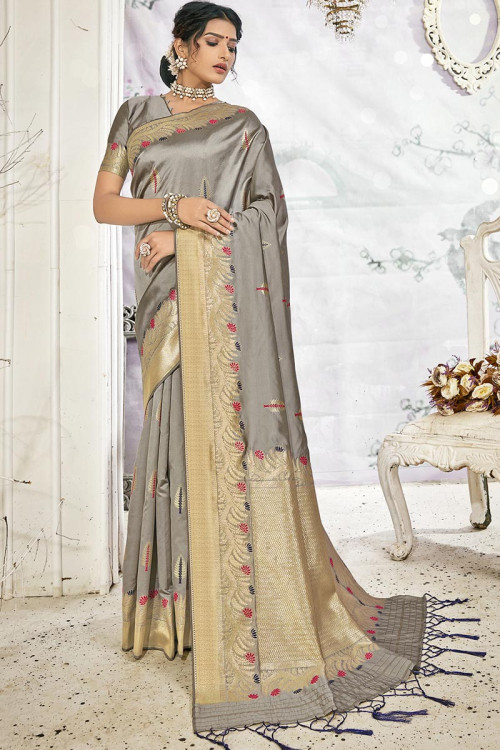 Shop Floral Print Light Grey Color Satin Silk Saree Work Wear