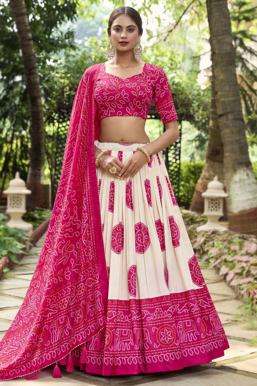 Bandhej Print Silk Off White and Ruby Pink Flared Style Lehenga