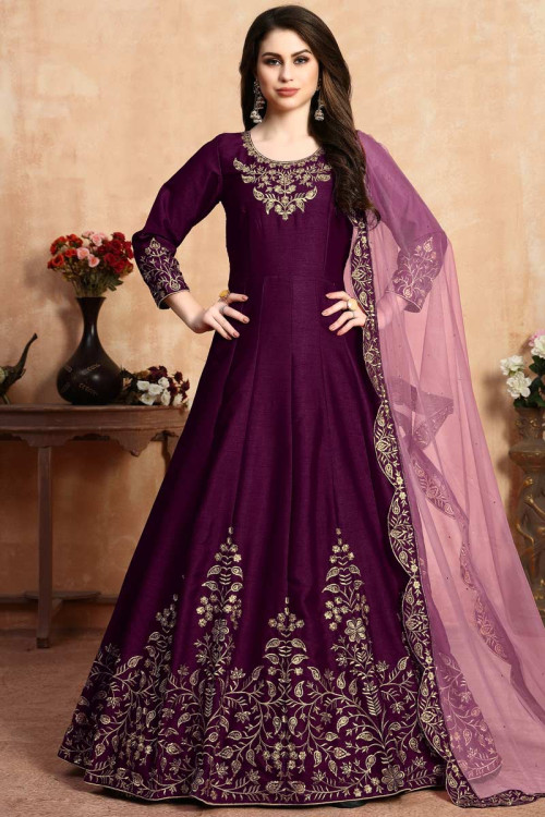 Banglori Silk Anarkali Suit in Plum Color