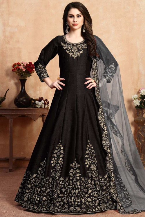Banglori Silk Black Color Anarkali Suit with Zari Work