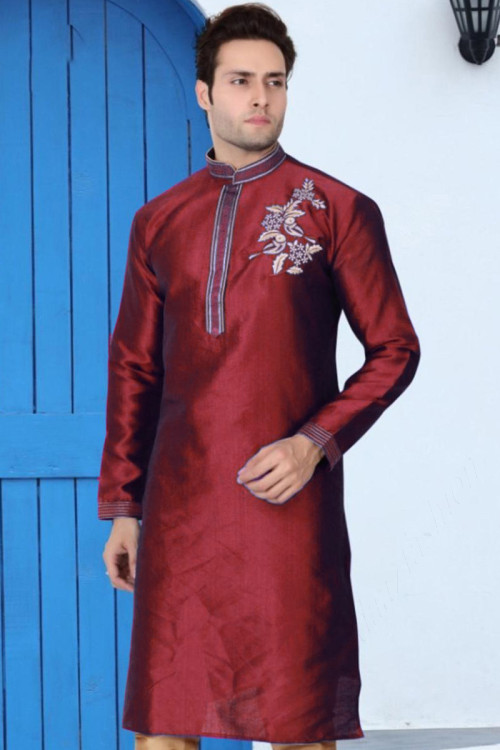 Banglori Silk Indian Kurta In Deep Red Colour