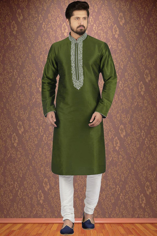 Mehndi Wear - Olive Green Angrakha Frock - Cigarette Pants