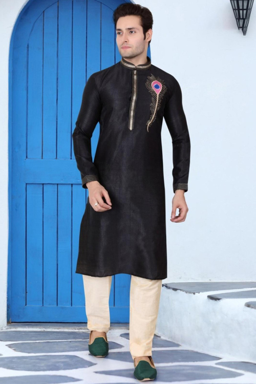 Banglori Silk Ready Made Kurta Pajama In Black Colour