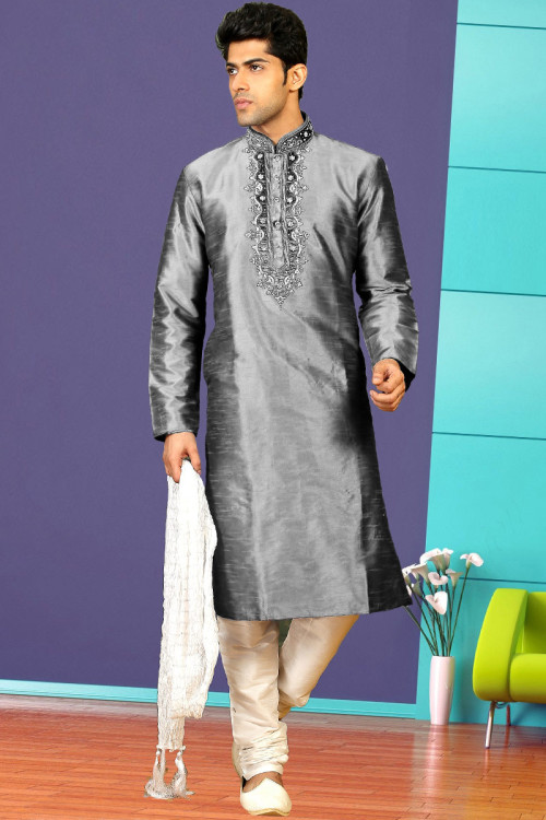 Banglori Silk Ready Made Kurta Pajama In Grey Colour