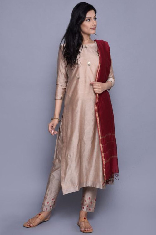 Banglori Silk Straight Pant Suit in Beige Color