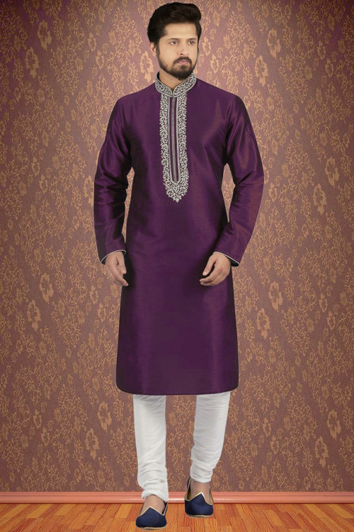 Banglori Silk Wedding Wear Kurta Pajama In Plum Purple Colour