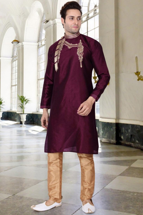 Banglori Silk Wedding Wear Kurta Pajama In Wine Colour