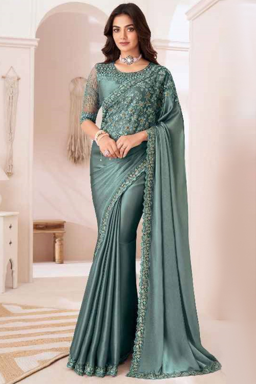 Beads Embroidered Dusty Green Chiffon Sangeet Saree