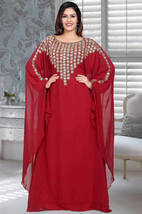 Beads Embroidered Georgette Ruby Red Kaftan Style Kurti