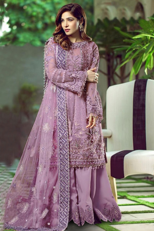Beads Work Embroidered Net Taffy Pink Sharara Suit