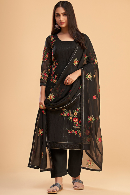 Beautiful Black Georgette Trouser Suit with Zari Embroidery 