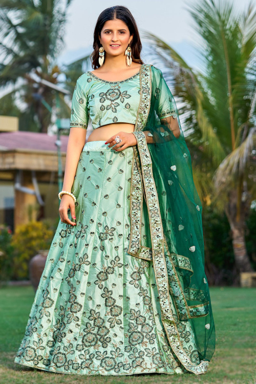 Beautiful Dori Embroidered Satin Seafoam Green Lehenga
