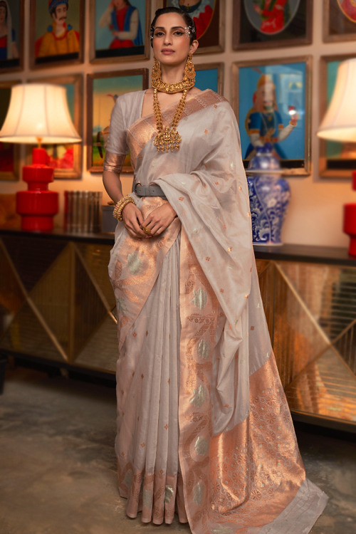 Beautiful Kora Silk Saree In Grey Beige With Woven Zari 
