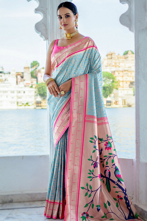 Beautiful Light Blue Weaved Paithani Silk Saree
