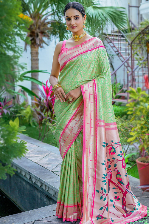 Beautiful Light Green Weaved Paithani Silk Saree