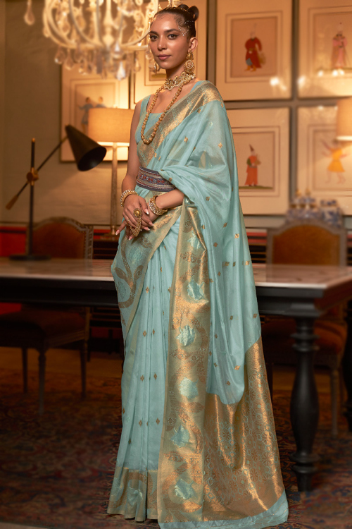 Beautiful Mint Blue Kora Silk Saree With Woven Zari