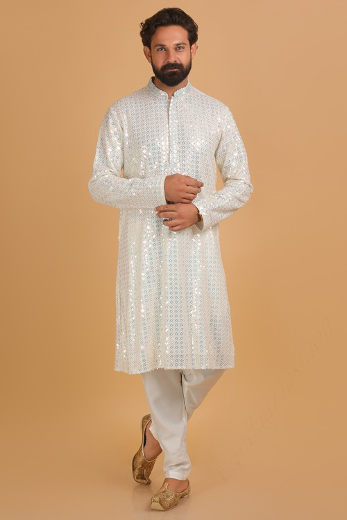 Beautiful Off-White Sequins Embroidered Men's Kurta Pajama