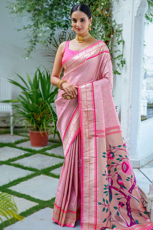 Beautiful Pale Pink Weaved Paithani Silk Saree 