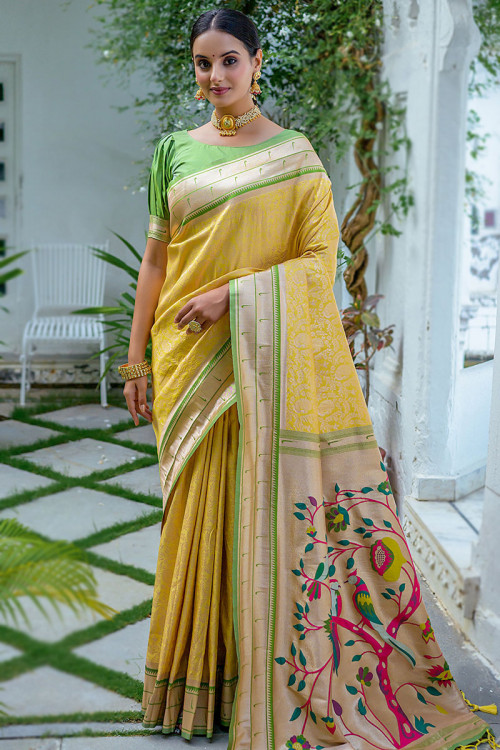 Beautiful Trombone Yellow Weaved Paithani Silk Saree 