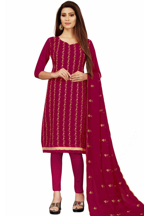 Beautiful Zari Embroidered Ruby Pink Straight Cut Suit 