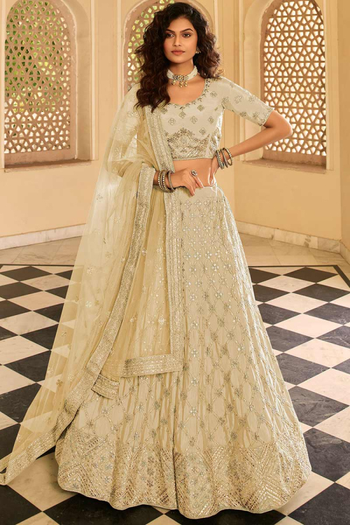 Beige Art Silk Embroidered Lehenga